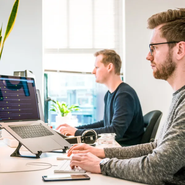 Two Data Analysts working on a shared desk